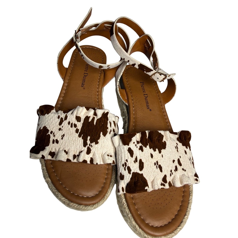 Pierre Dumas Cow Print Espadrille‎ Wedge Sandals 8 Brown White Ruffle Strap